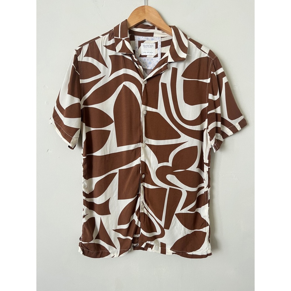 Cactus Man Ricky Singh Mens Medium Brown White Abstract Viscose Camp Shirt M